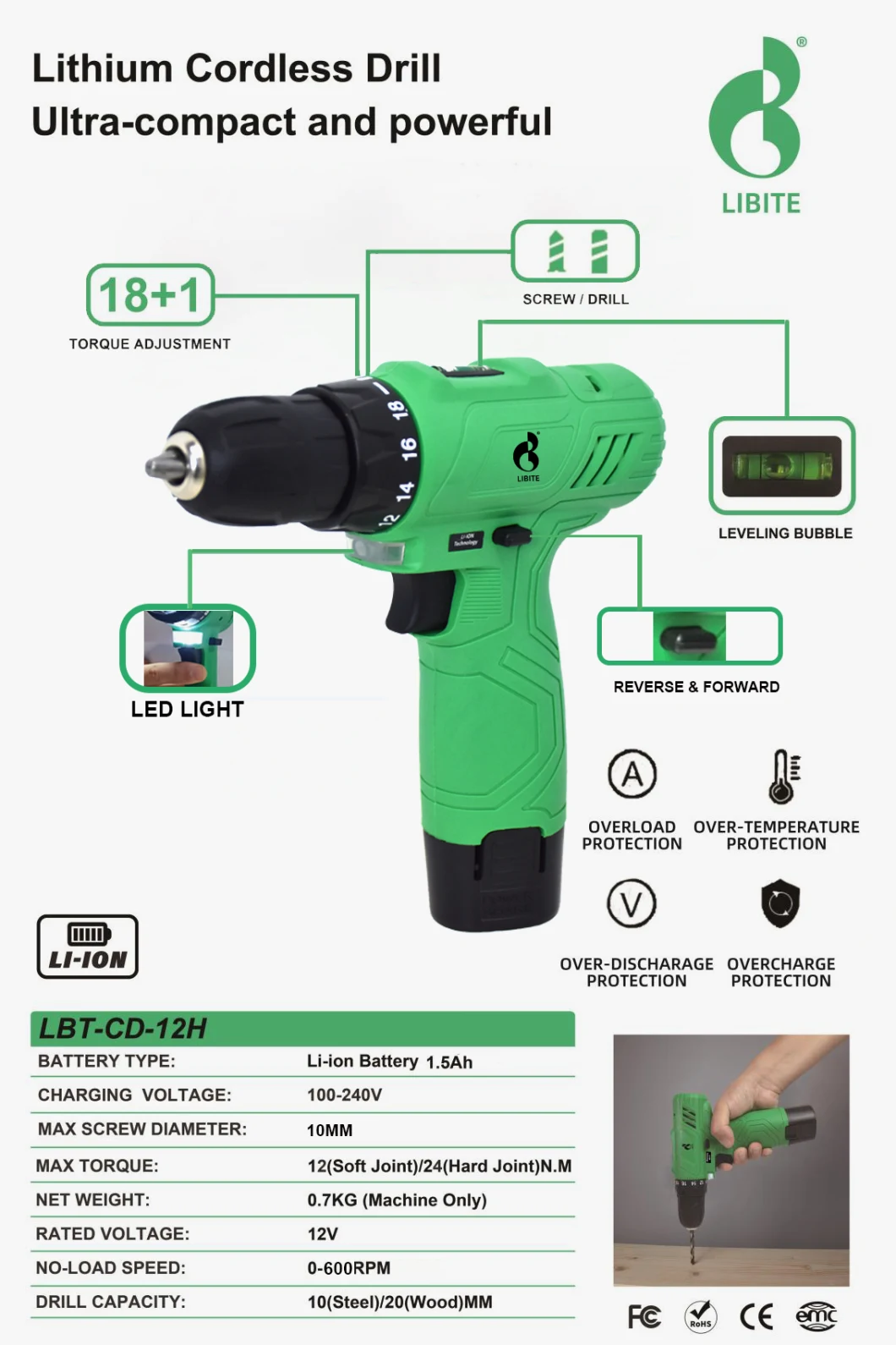 12V Li-ion Battery Power Cordless Electric Screwdriver Drill