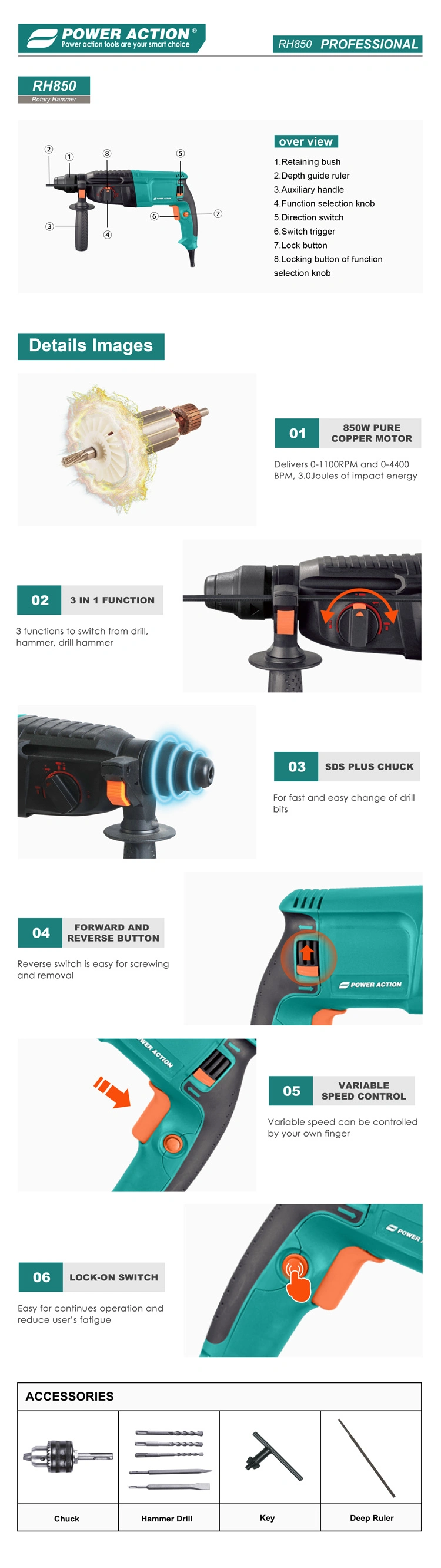 Power Action Rh850 26mm SDS Impact Rotary Hammer with 3 Function