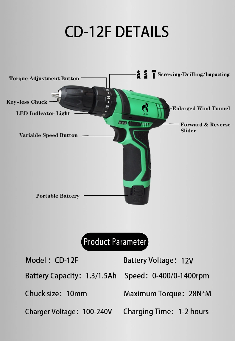 12V Cordless Rich Accessories Screwdriver Impact Drill