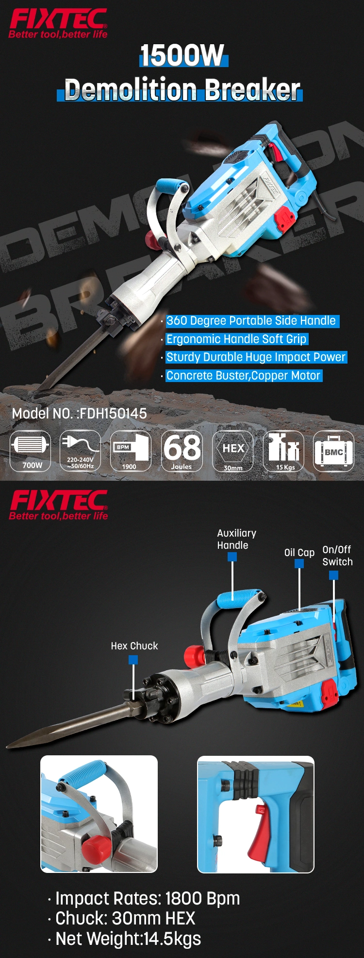 Fixtec 30mm Hex Jackhammer Concrete Breakers 1500W Electric Demolition Hammer