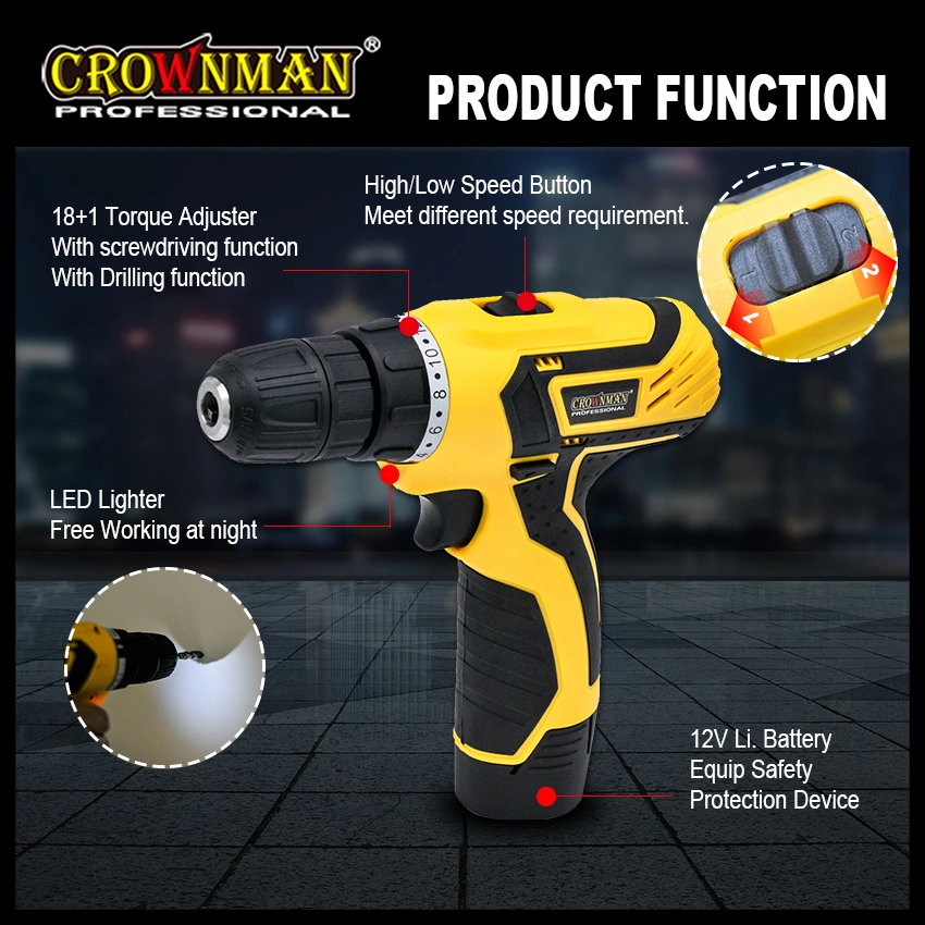 Crownman Power Tools, Double Speed 12V/21V Rechargeable Lithium Battery Impact Cordless Drill